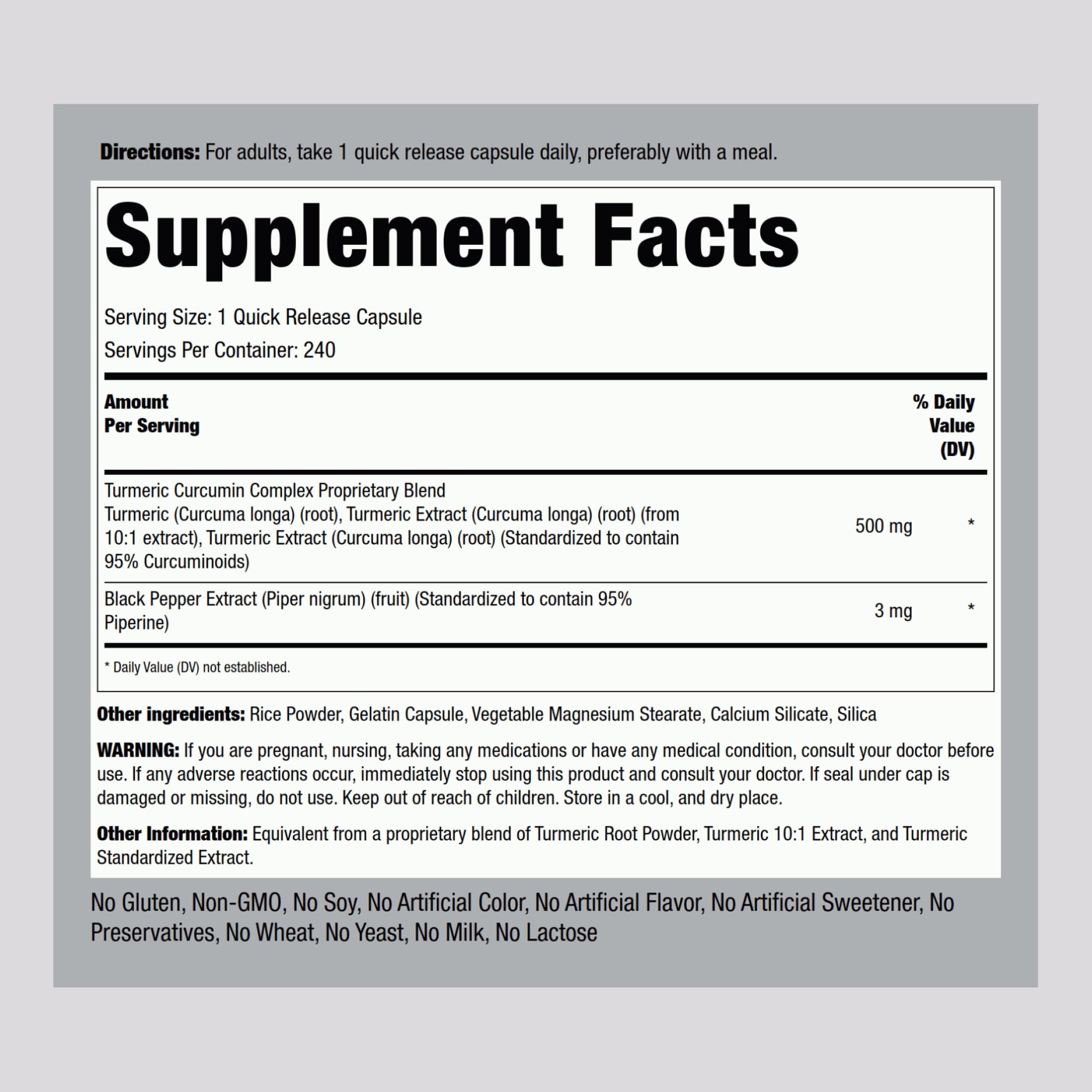 Piping Rock Turmeric Curcumin bottle back shows ingredients and notes.