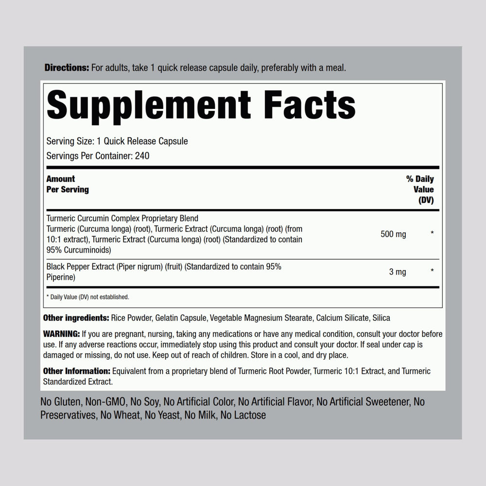 Piping Rock Turmeric Curcumin bottle back shows ingredients and notes.
