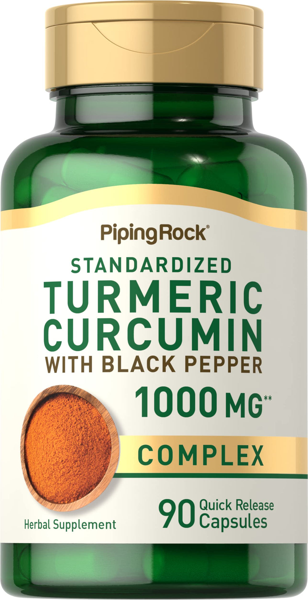 Piping Rock Turmeric Curcumin bottle shows 90 capsules for daily wellness support