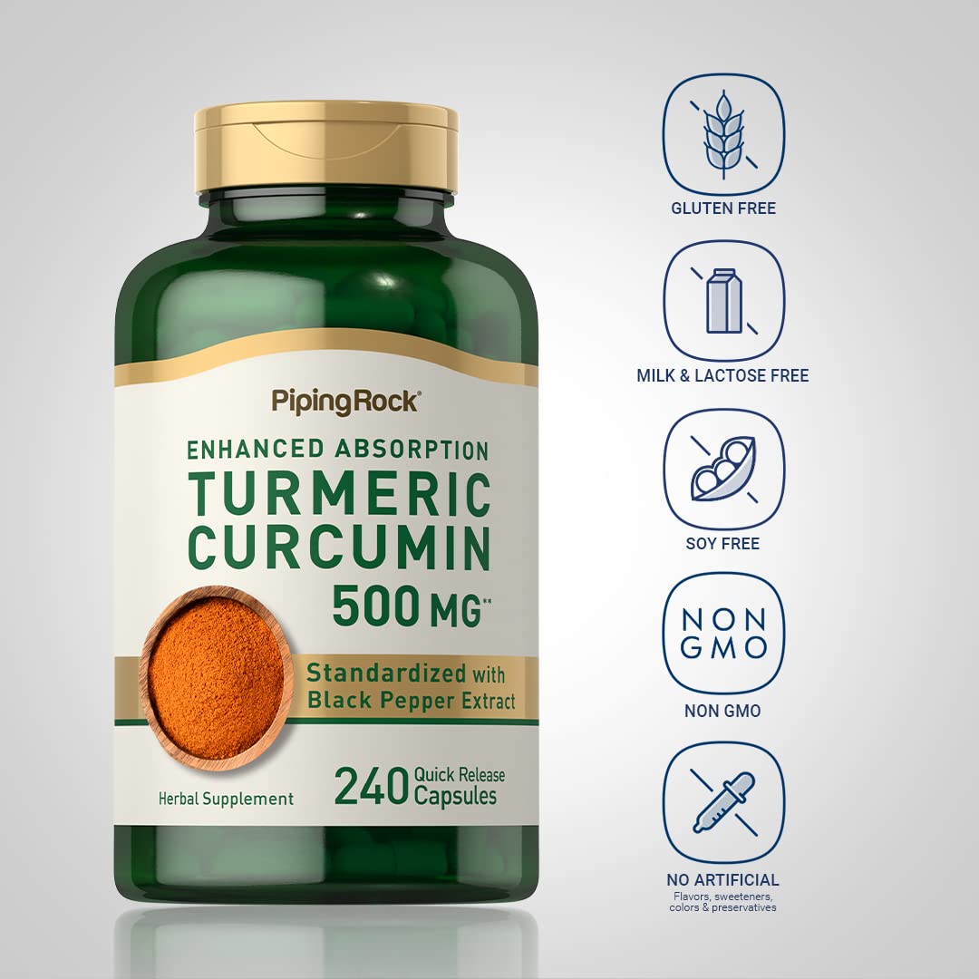 Piping Rock Turmeric Curcumin capsules close-up highlighting quick-release capsules.
