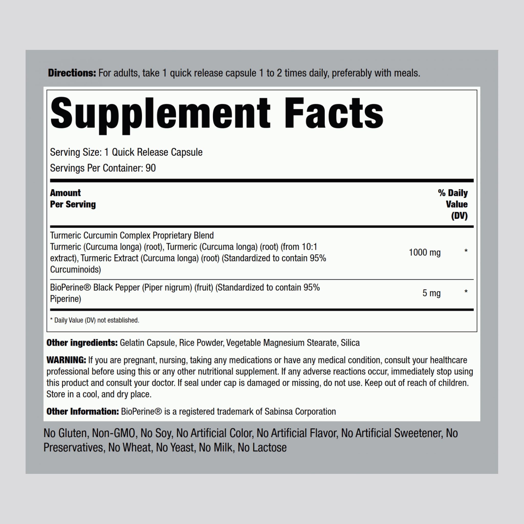 Piping Rock Turmeric Curcumin label close-up highlighting clean ingredients for informed choices