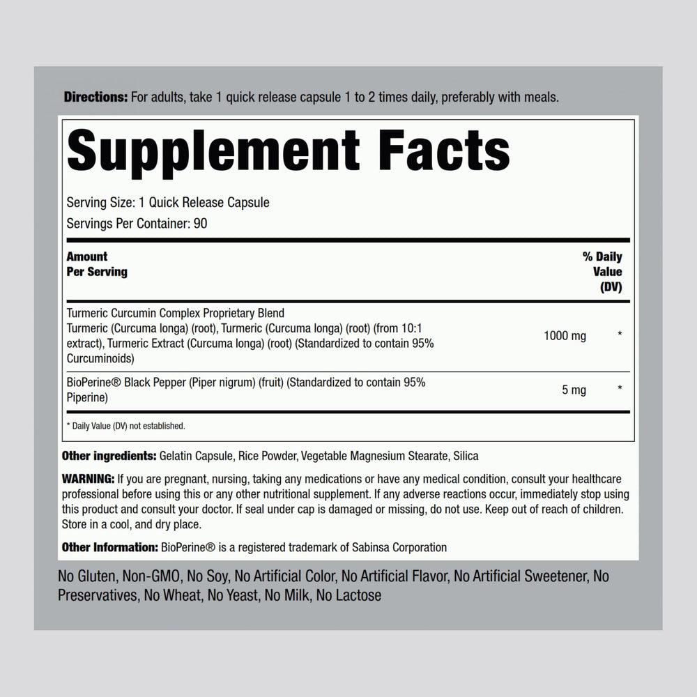 Piping Rock Turmeric Curcumin label close-up highlighting clean ingredients for informed choices