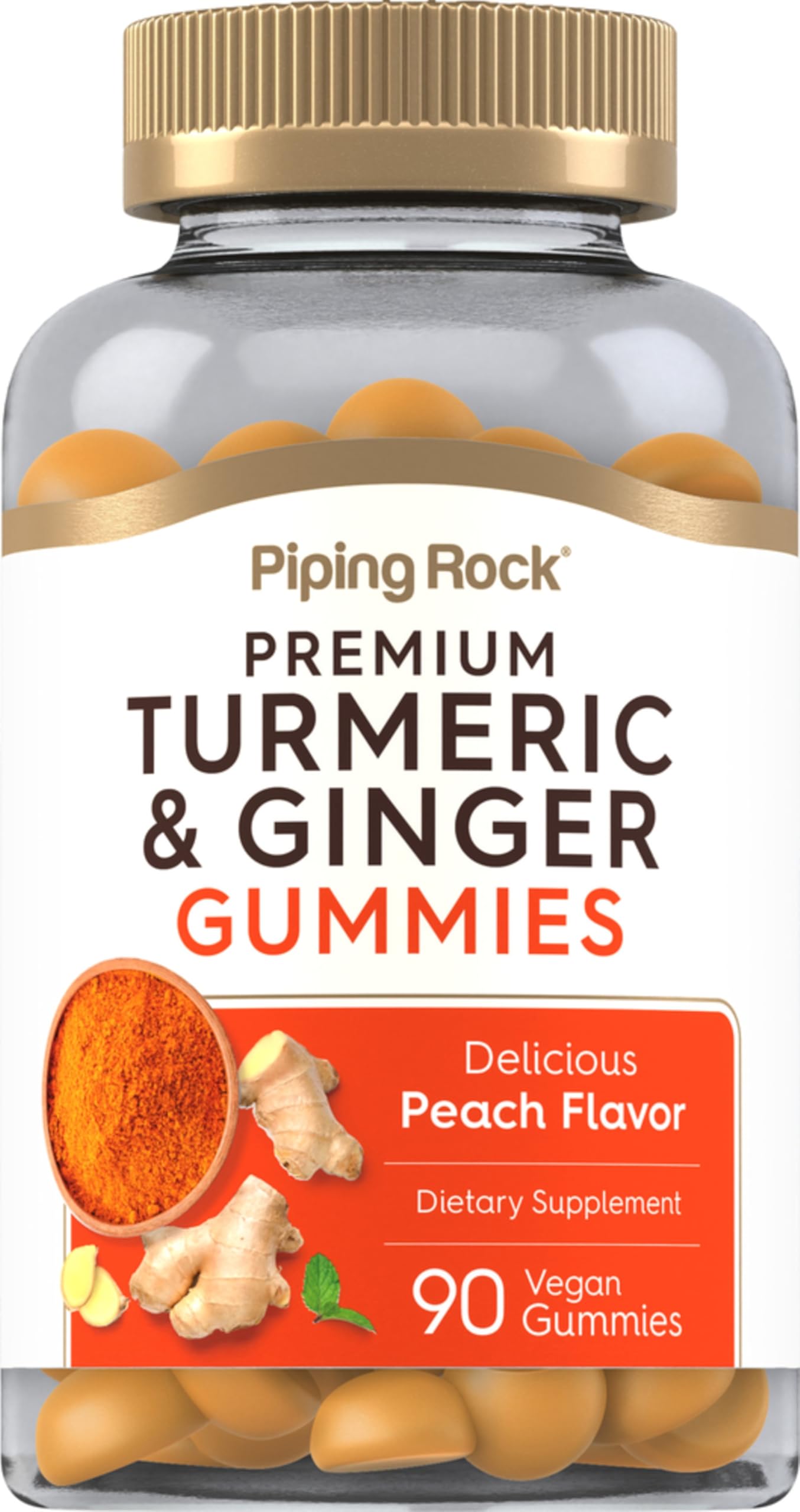 Piping Rock turmeric ginger gummies peach flavor bottle for a tasty daily supplement