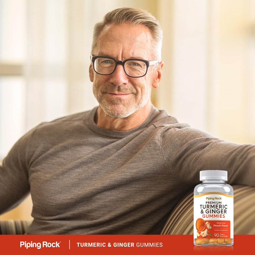 Piping Rock turmeric ginger gummies close-up showing vibrant peach finish