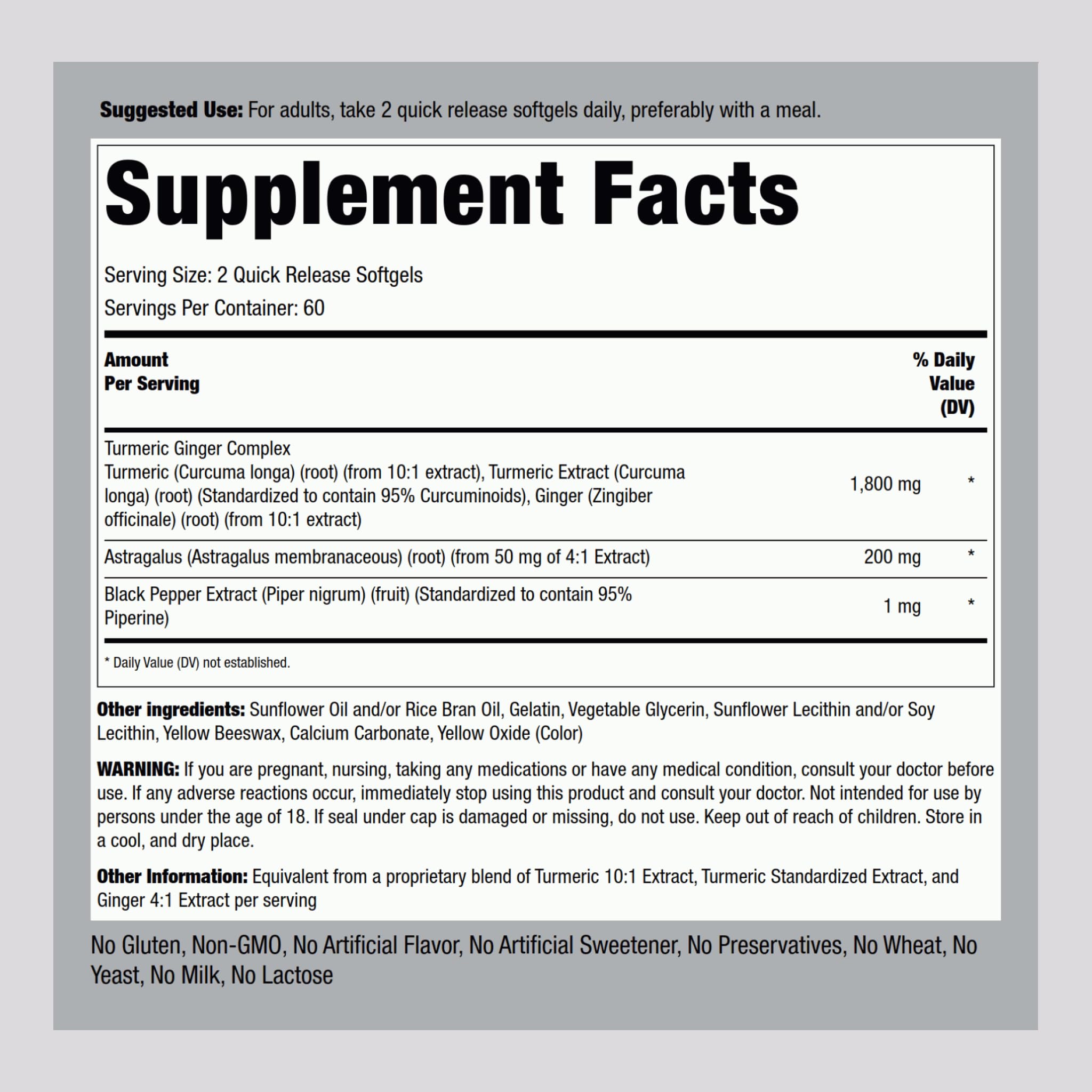 Piping Rock Turmeric Ginger label highlights ingredients and clean formulation