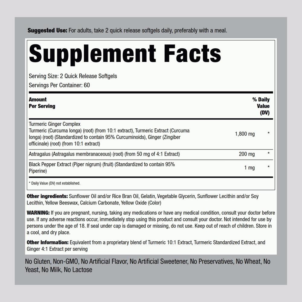 Piping Rock Turmeric Ginger label highlights ingredients and clean formulation