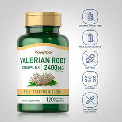 Piping Rock Valerian capsules close-up, easy-to-swallow daily supplement.