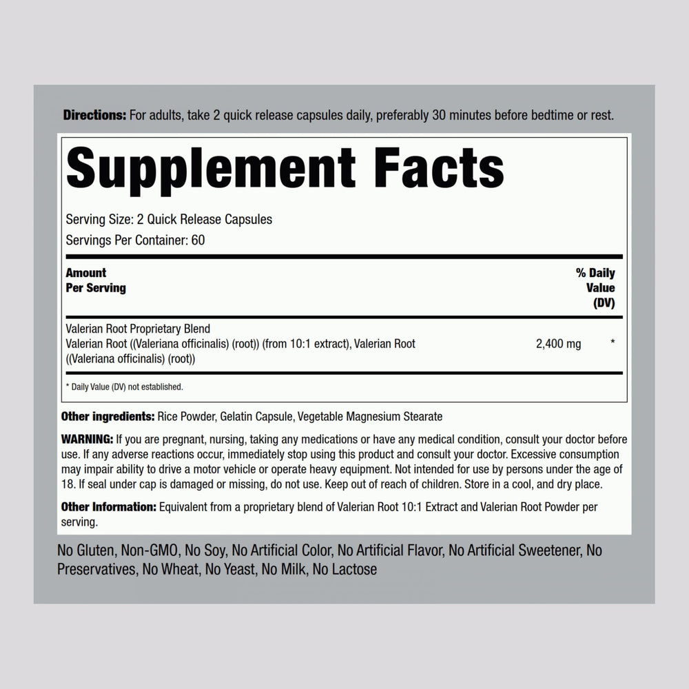 Piping Rock Valerian Root label close-up, highlighting non-GMO and gluten-free quality.