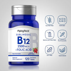 Piping Rock Vitamin B12 Sublingual berry flavor label emphasizes tasty intake option.