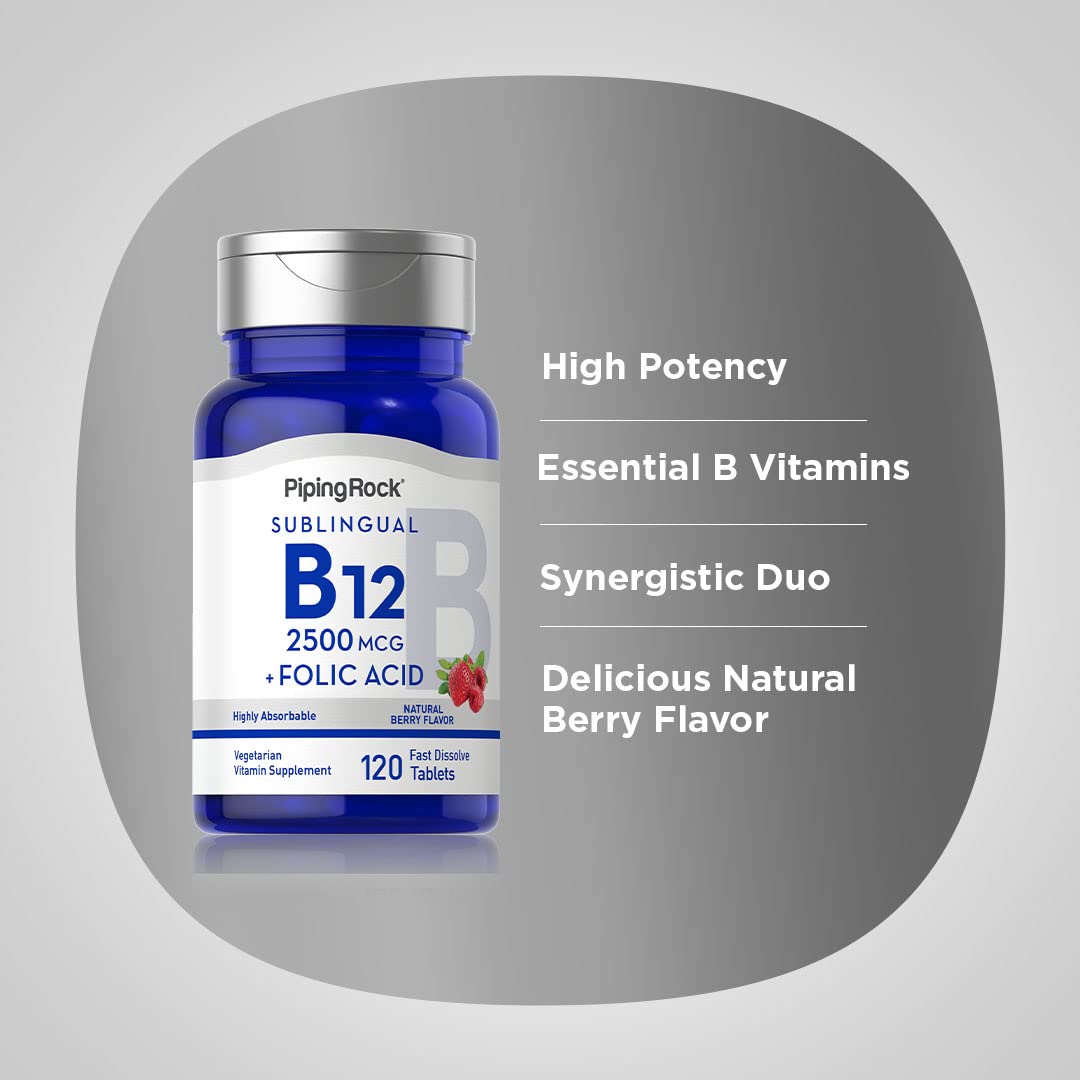 Piping Rock Vitamin B12 Sublingual dissolve action shows fast absorption concept.