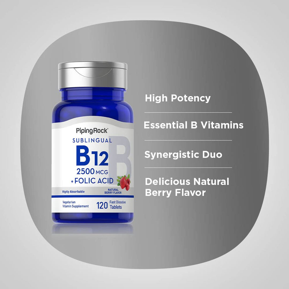 Piping Rock Vitamin B12 Sublingual dissolve action shows fast absorption concept.