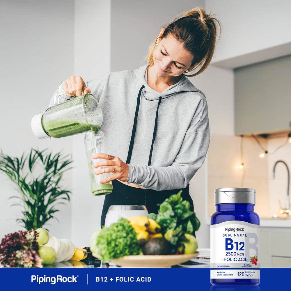 Piping Rock Vitamin B12 Sublingual vegetarian symbol communicates plant-based option.