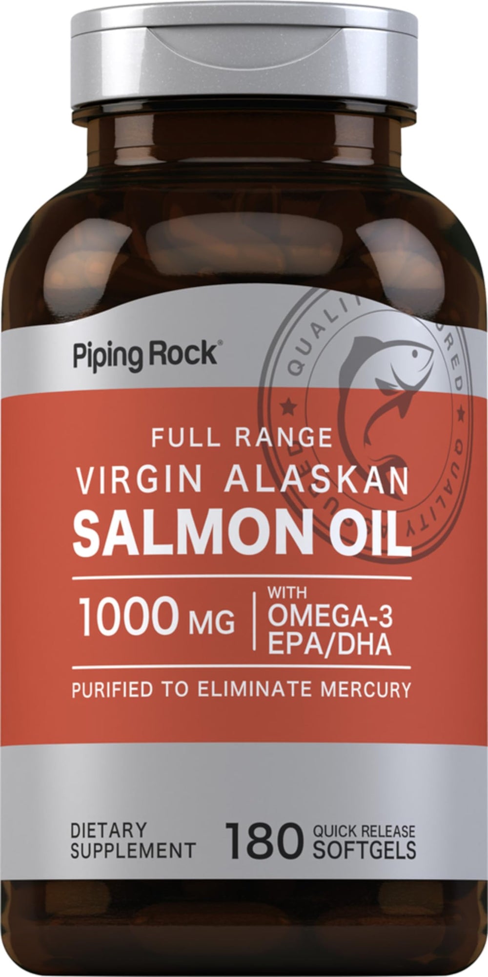 Piping Rock Wild Alaskan Salmon Fish Oil bottle showing 1000mg omega-3 EPA/DHA for daily wellness