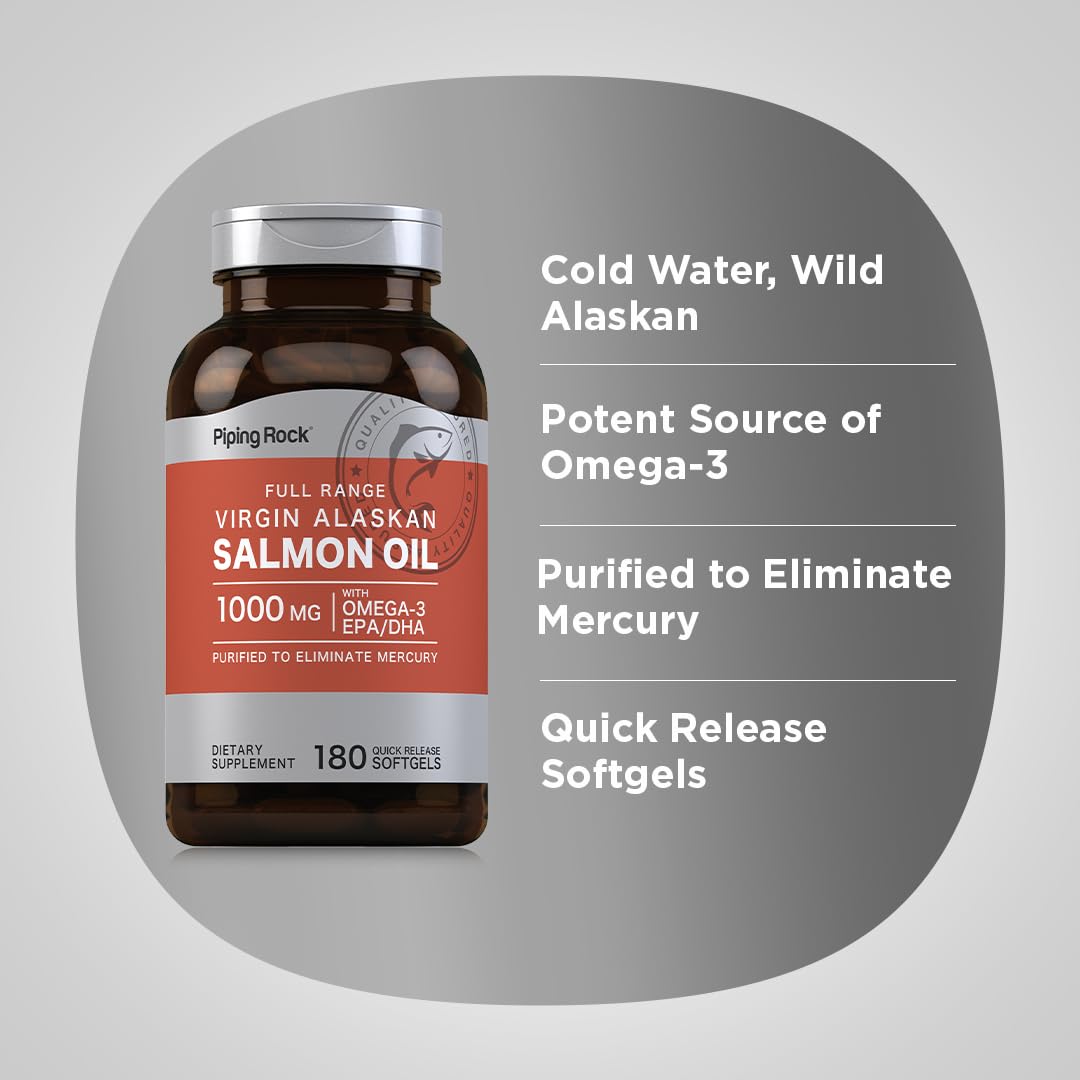 Piping Rock Wild Alaskan Salmon Fish Oil bottle front view on kitchen counter