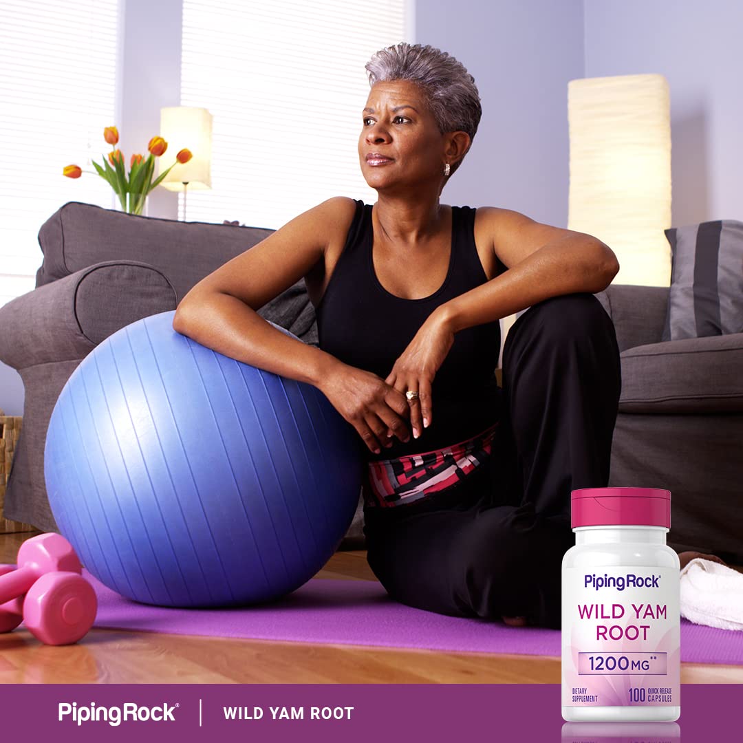 Piping Rock Wild Yam Root Capsules badge confirms gluten free and non-GMO status.