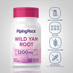 Piping Rock Wild Yam Root Capsules label detail highlights potent extract and trusted ingredients.