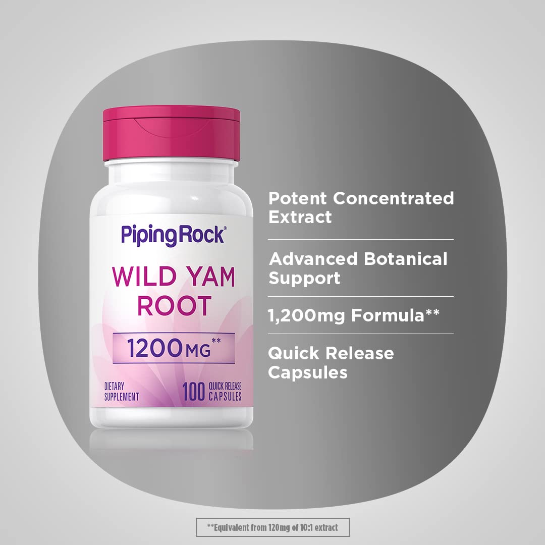 Piping Rock Wild Yam Root Capsules packaging box showing gluten free and non-GMO features.