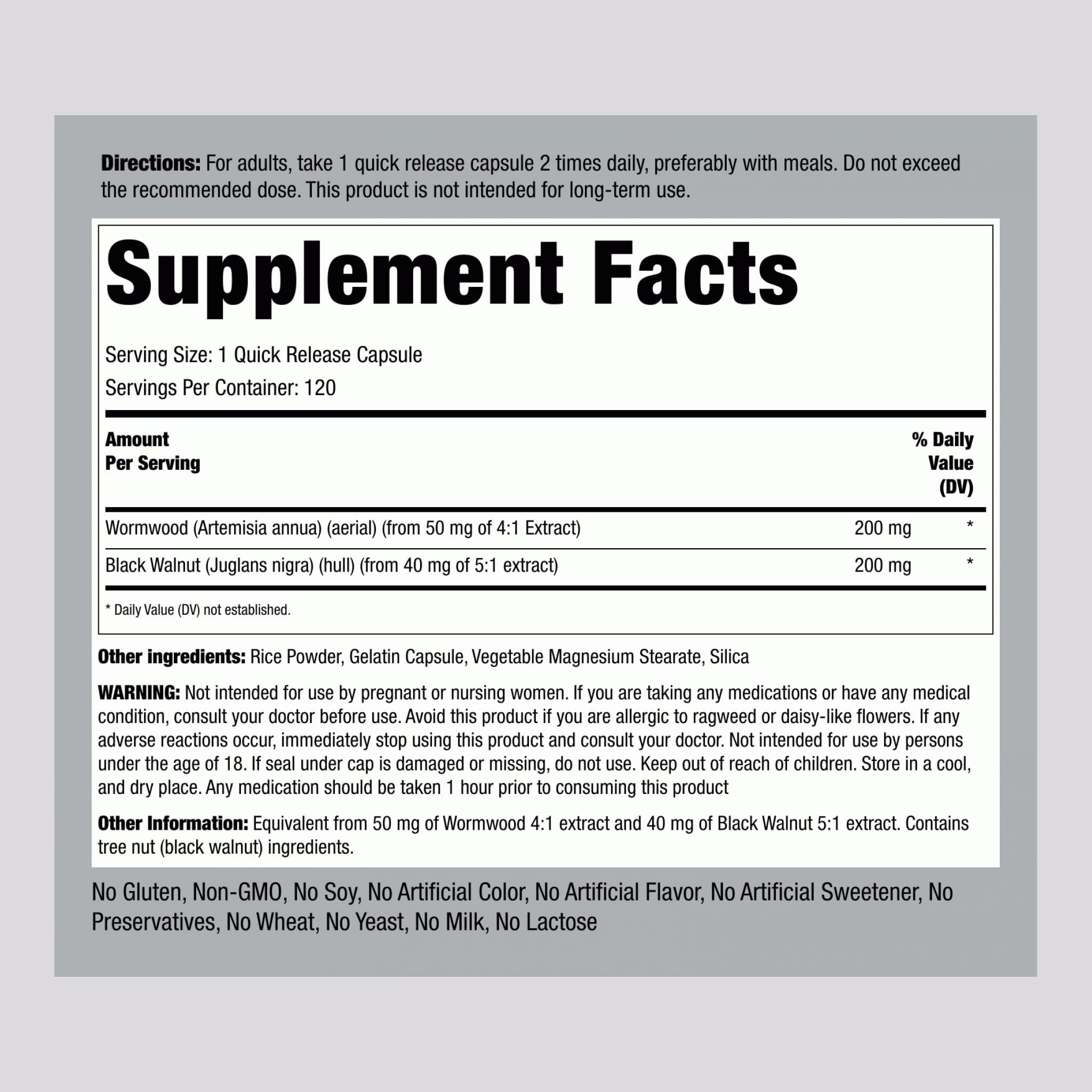 Piping Rock Wormwood Black Walnut bottle side label highlights gluten-free and Non-GMO features.