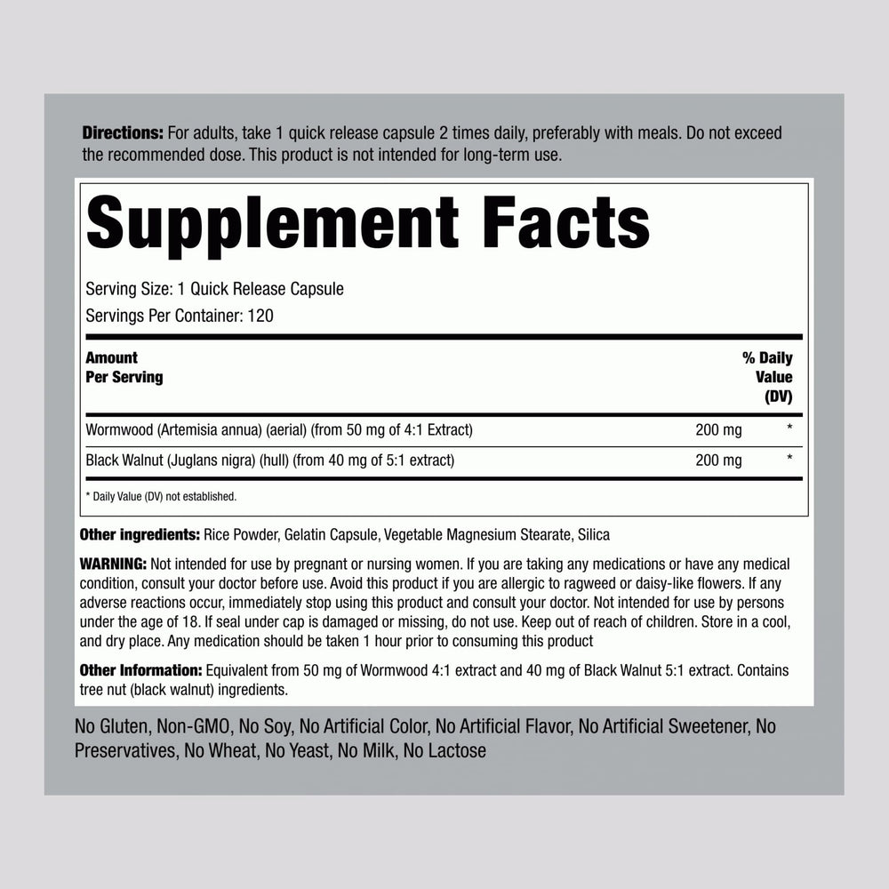 Piping Rock Wormwood Black Walnut bottle side label highlights gluten-free and Non-GMO features.