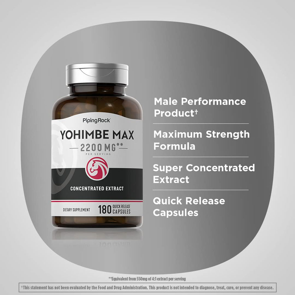 Piping Rock Yohimbe capsules close-up emphasizes quick-release design.