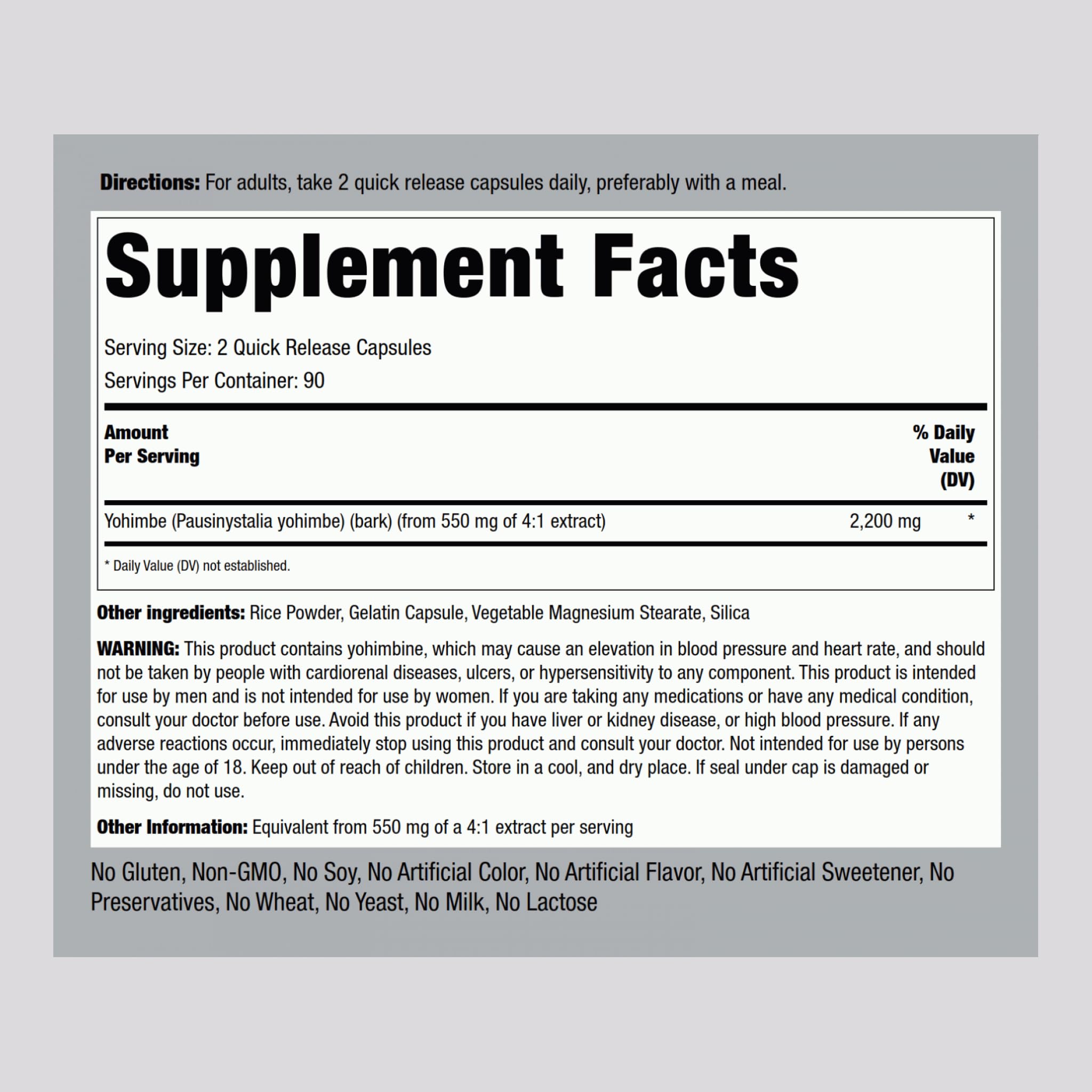 Piping Rock Yohimbe bottle side highlights 180 capsules and gluten-free.