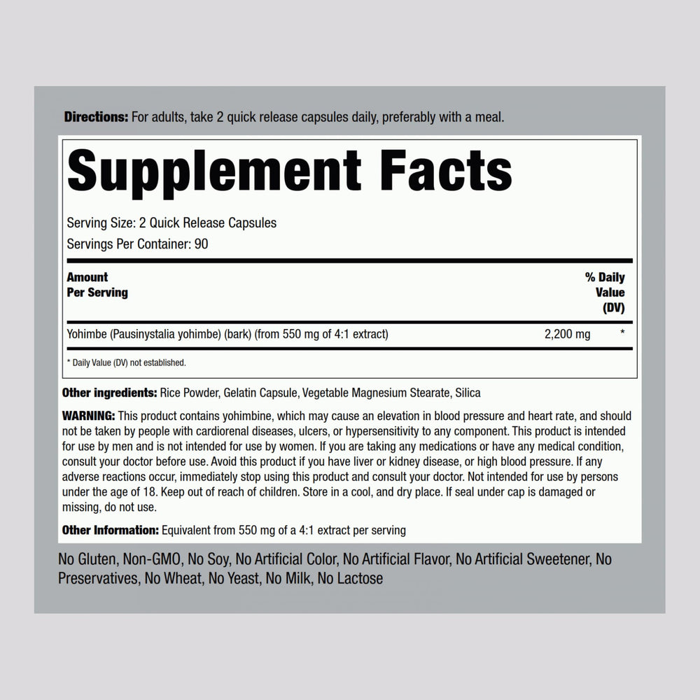 Piping Rock Yohimbe bottle side highlights 180 capsules and gluten-free.