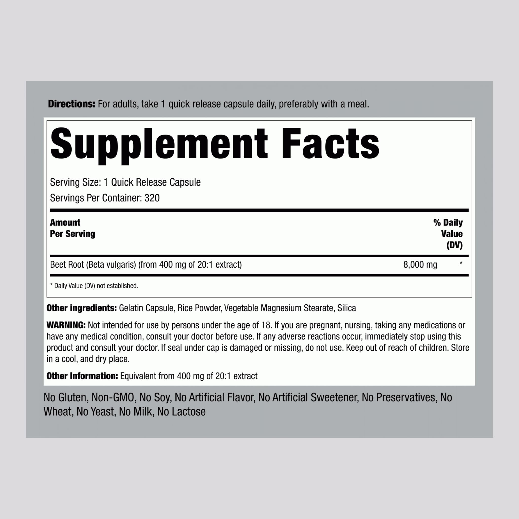 Piping Rock Beet Root Powder Capsules label closeup highlights non-GMO ingredients.