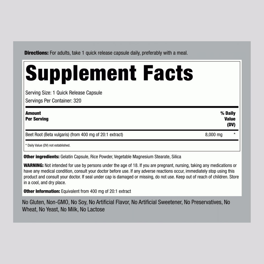 Piping Rock Beet Root Powder Capsules label closeup highlights non-GMO ingredients.