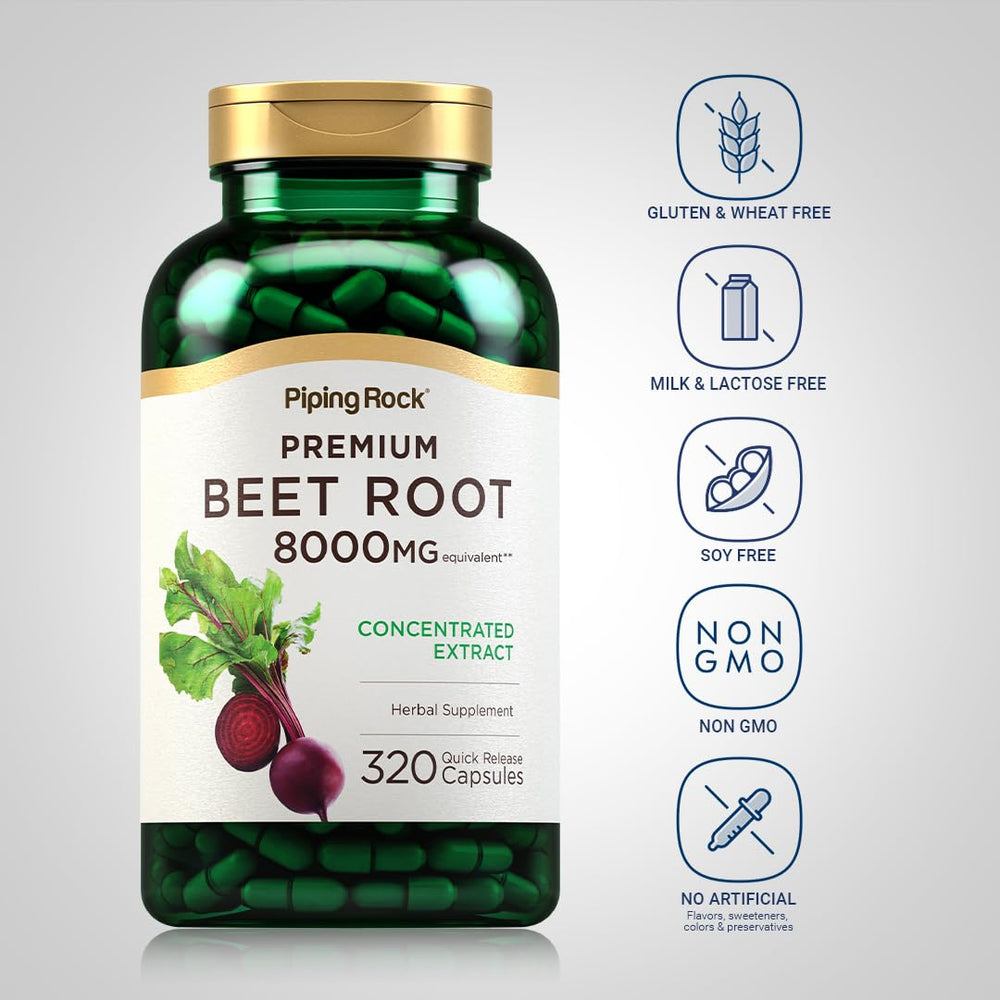 Piping Rock Beet Root Capsules near pouring out emphasize convenient daily use.