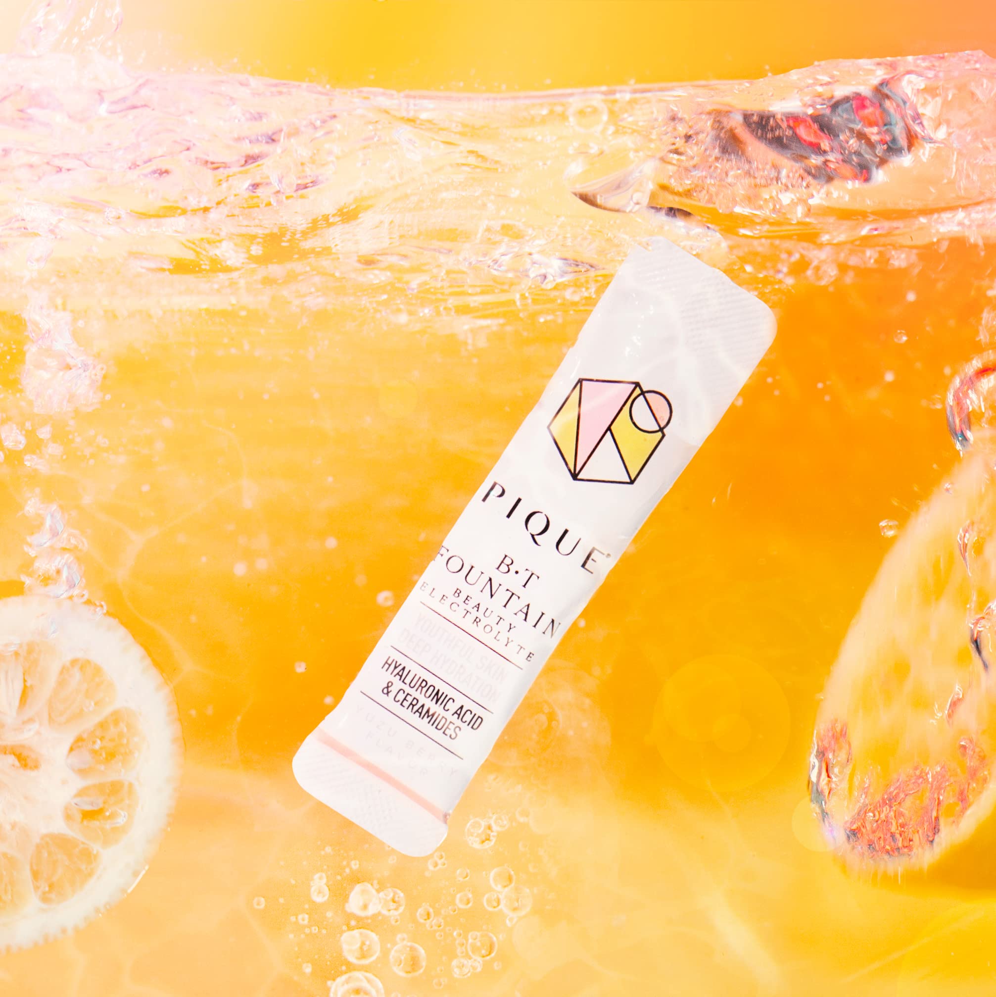 PIQUE BT Fountain Beauty electrolyte powder highlighting hyaluronic acid for moisture