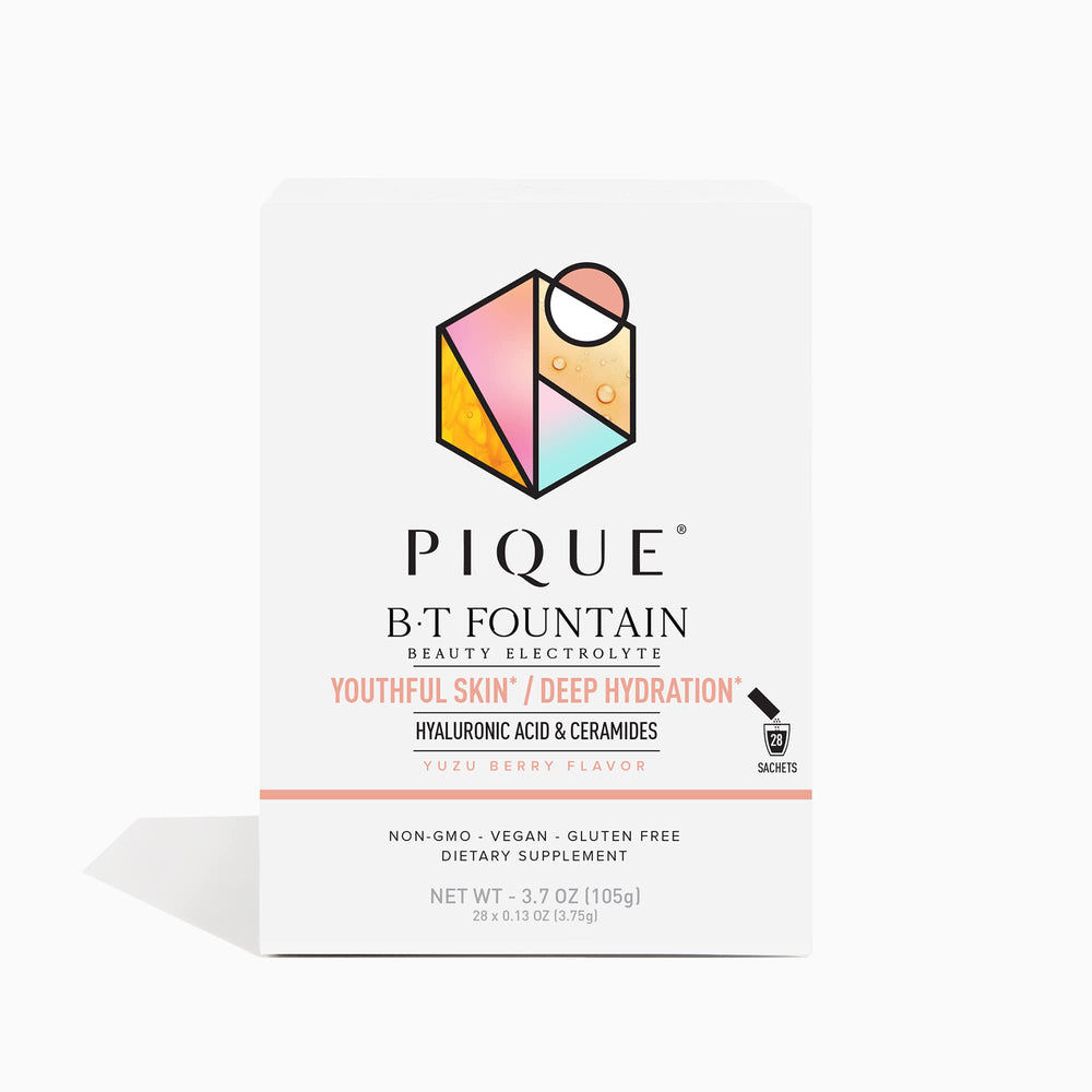 PIQUE BT Fountain Beauty electrolyte powder packaging with single serve sticks for on the go hydration