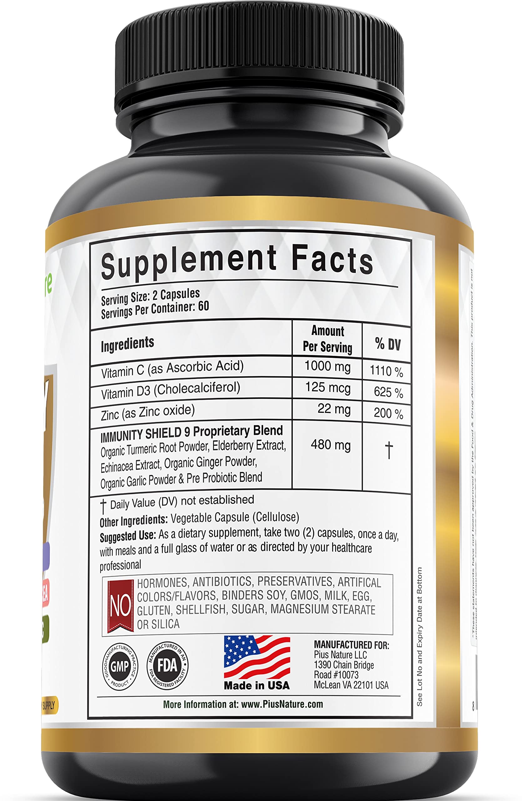 PIUS NATURE 9-in-1 label showing blended ingredients like elderberry and turmeric