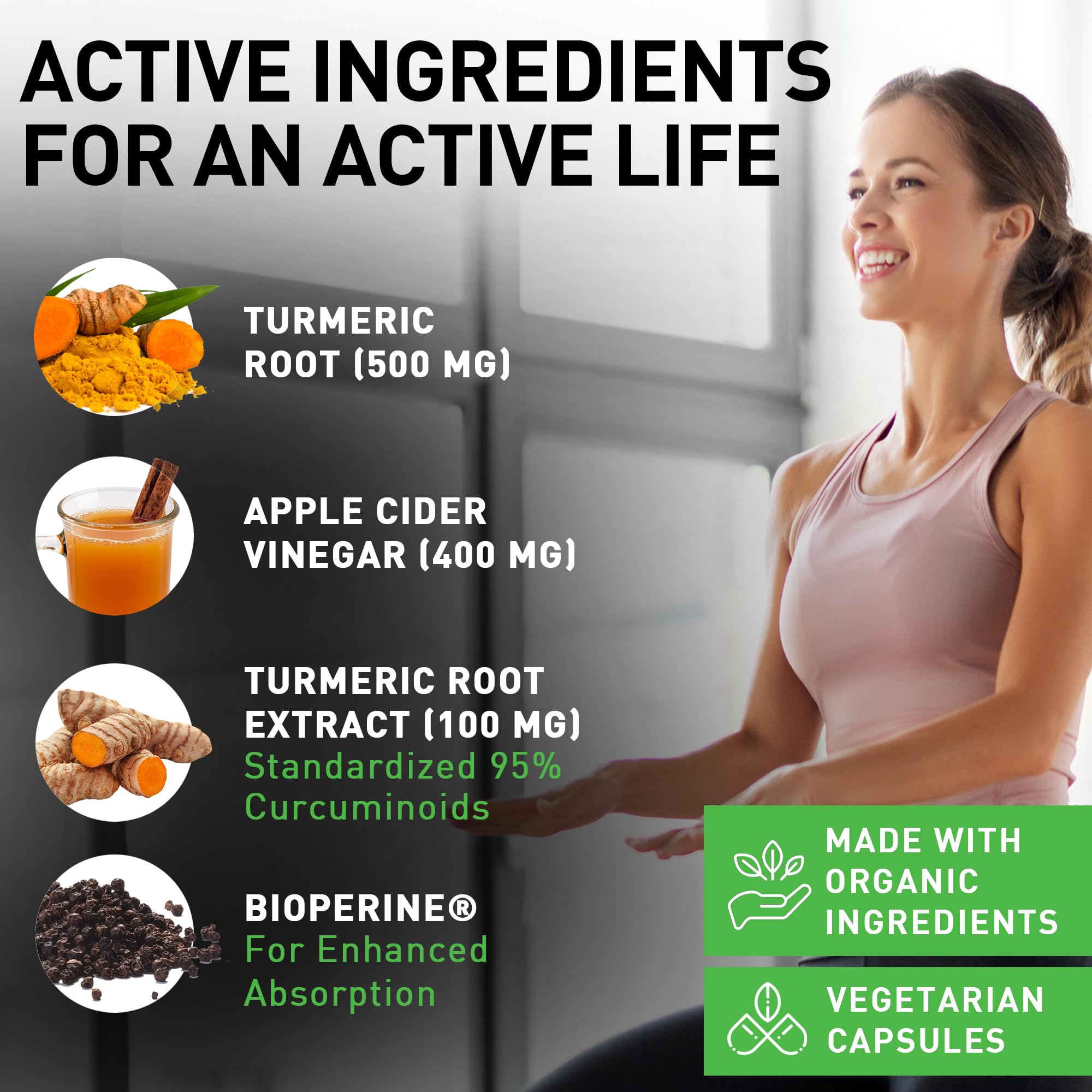 PIUS NATURE ingredients label reveals Curcumin and Bioperine for enhanced absorption