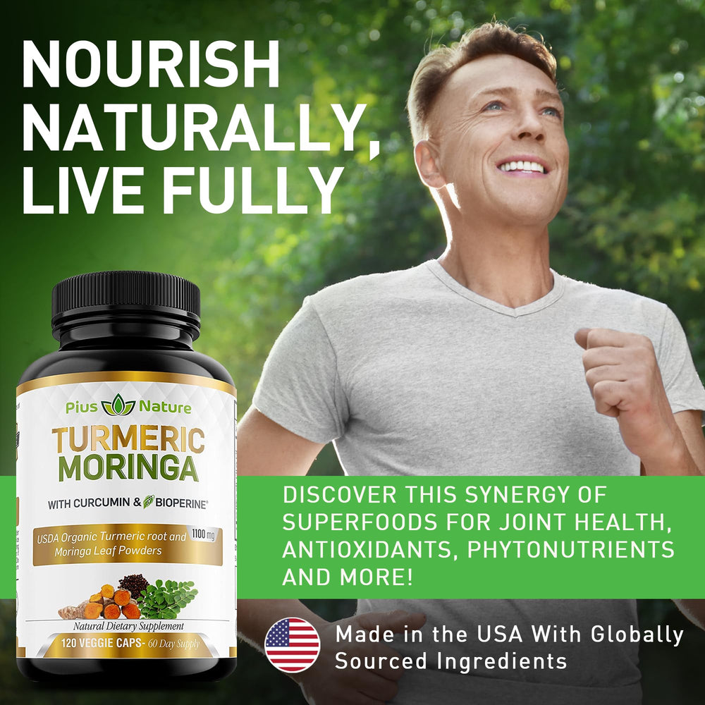 PIUS NATURE Turmeric Moringa capsules close-up showing convenient daily dose.