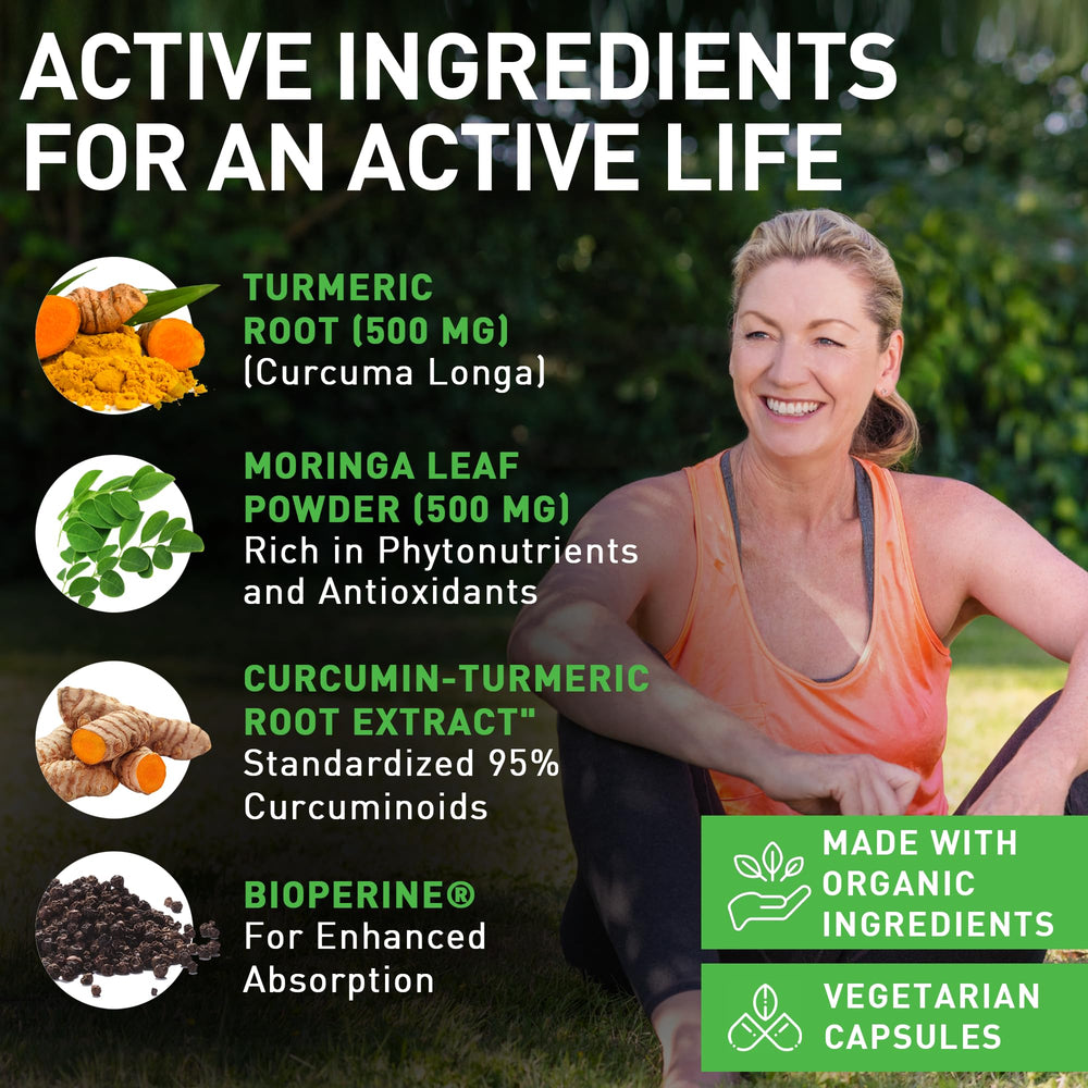 PIUS NATURE Turmeric Moringa turmeric powder close-up highlighting 95% curcuminoids.