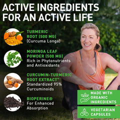 PIUS NATURE Turmeric Moringa turmeric powder close-up highlighting 95% curcuminoids.