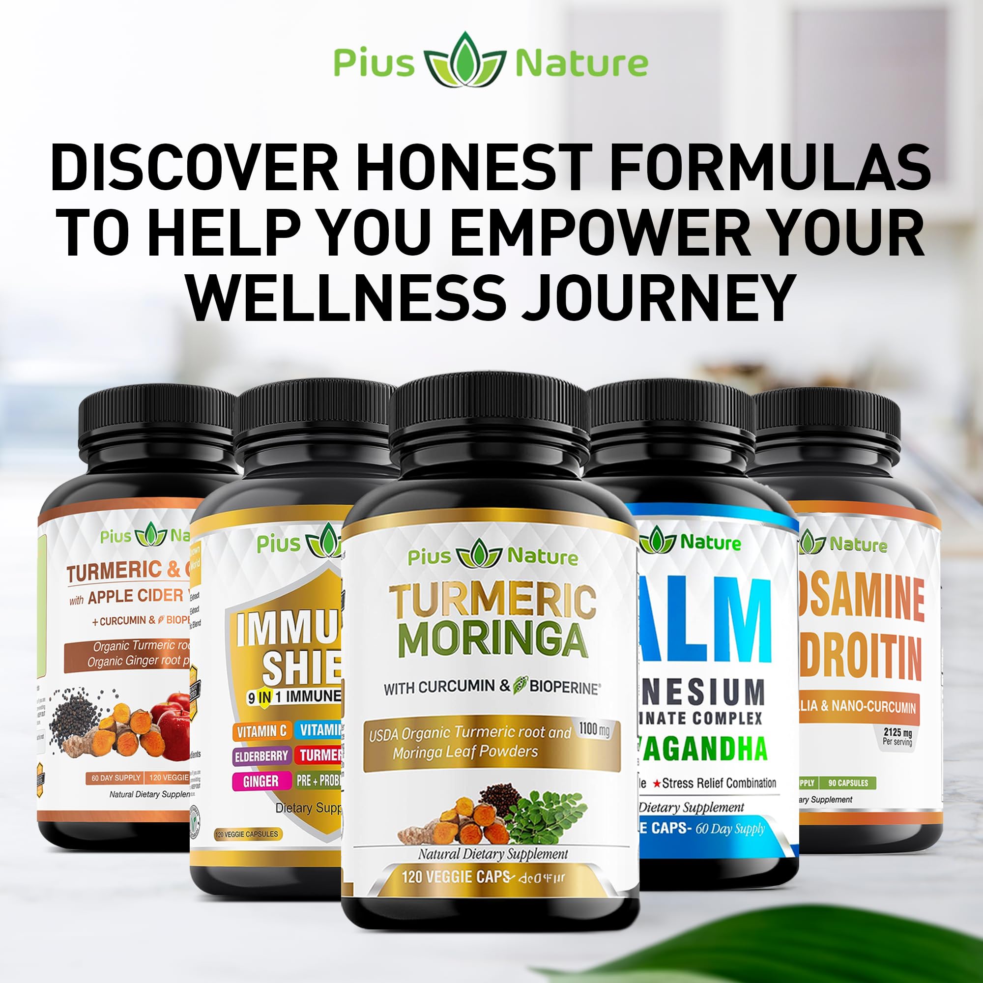 PIUS NATURE Turmeric Moringa USA-made seal indicates quality manufacturing.