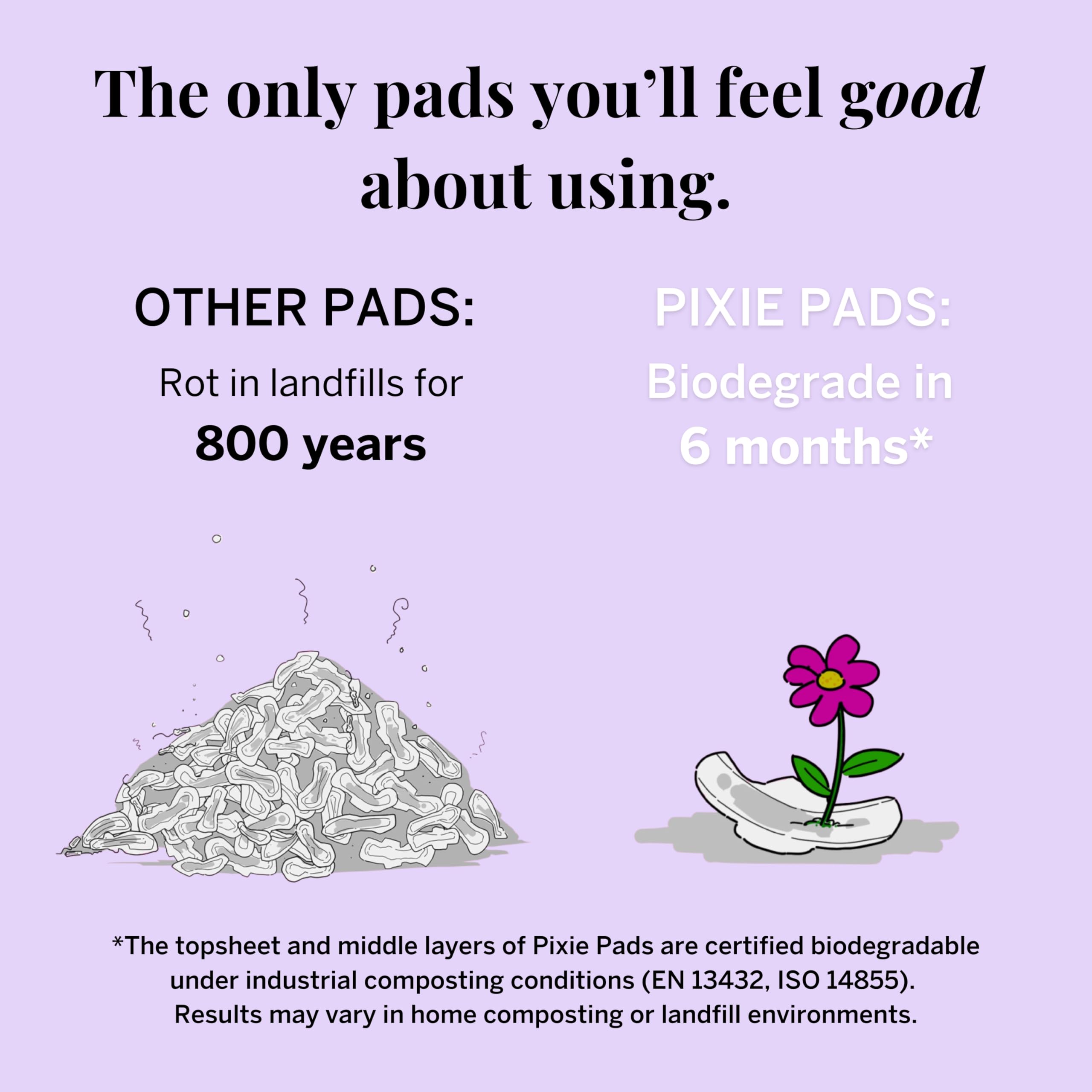 Pixie Cup compostable packaging and pad highlight eco-friendly disposal.