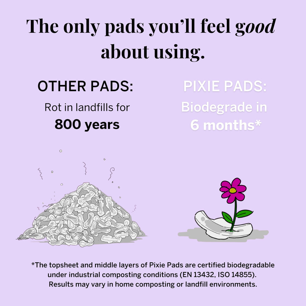 Pixie Cup compostable packaging and pad highlight eco-friendly disposal.