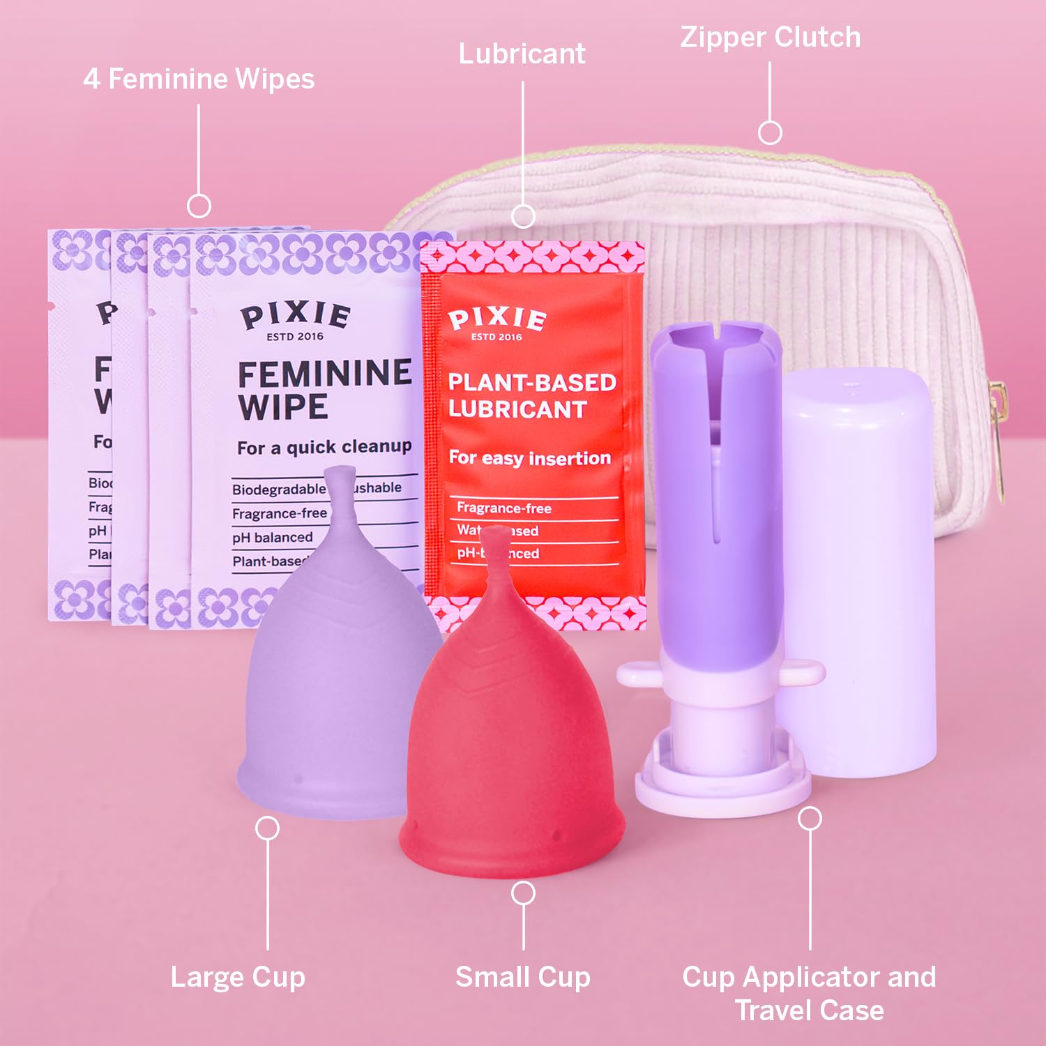Close-up of Pixie Cup components showing cups and applicator for insertion