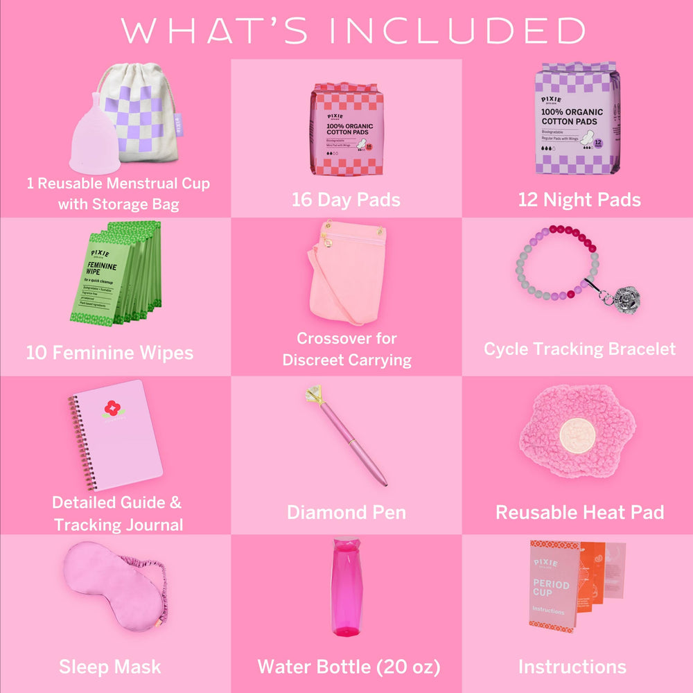 Pixie Cup cycle tracker journal open showing kid-friendly menstruation basics