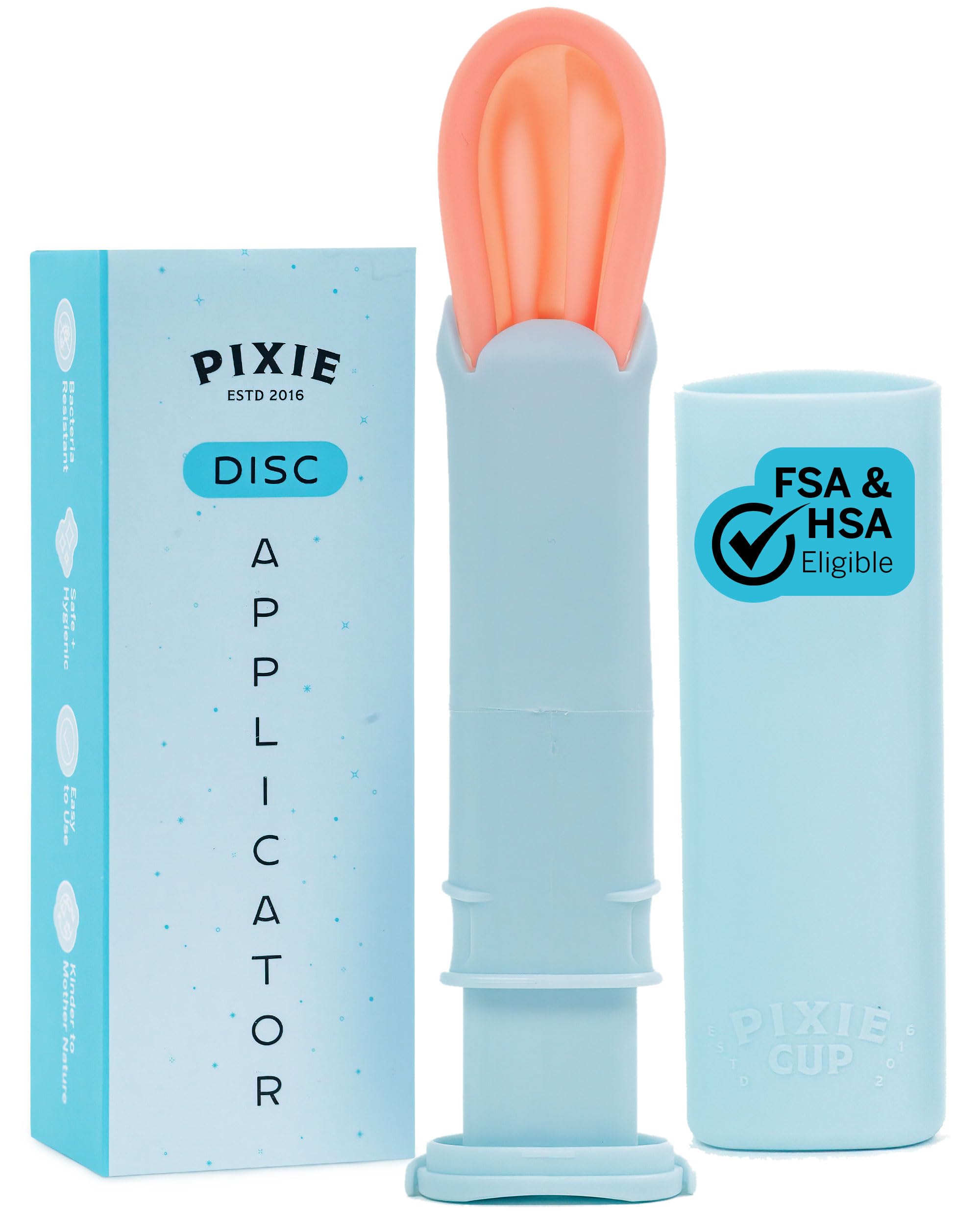 Pixie Cup disc applicator blue packaging highlights easy insertion and storage
