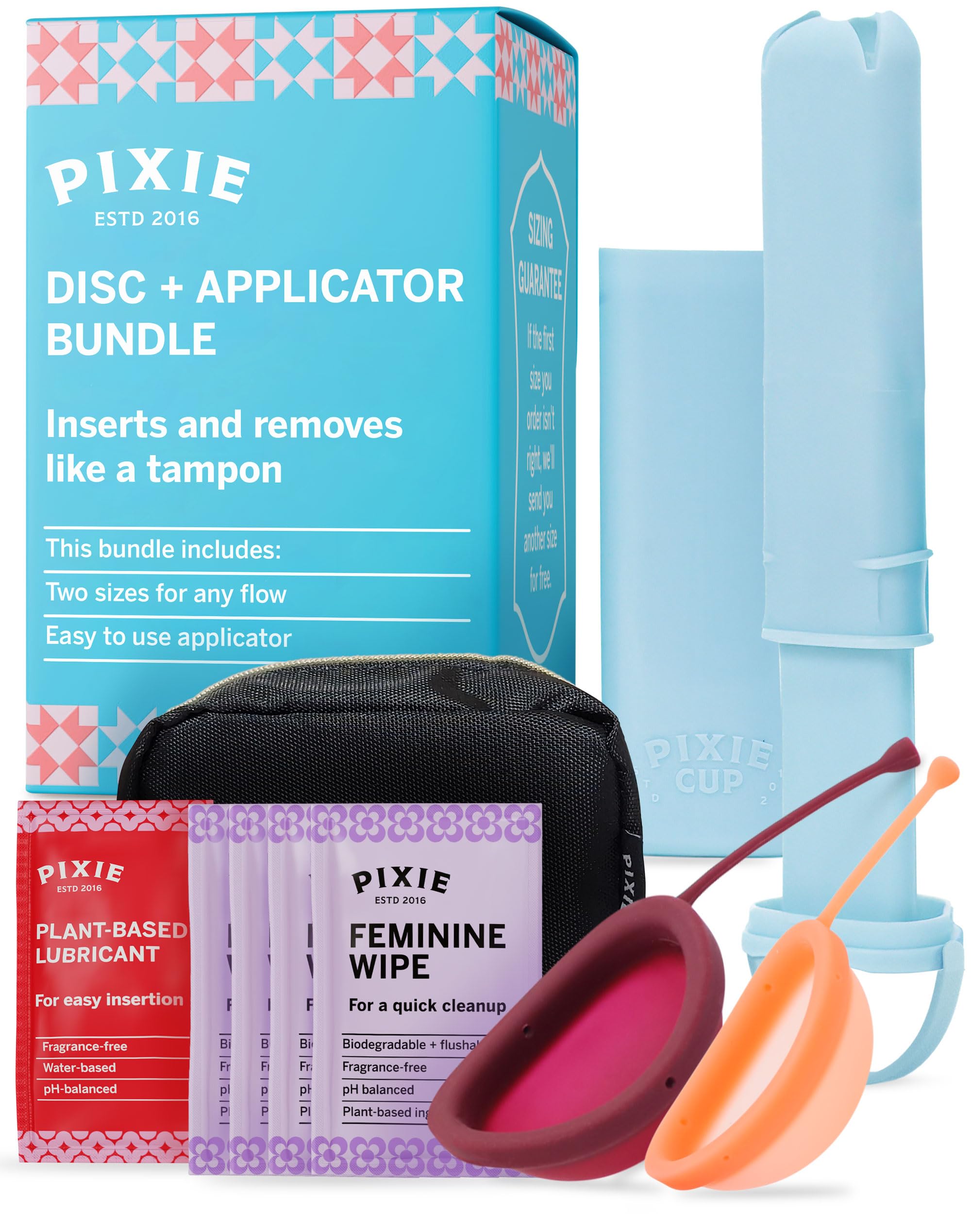 Pixie Cup disc large capacity for all-day use and leak protection.