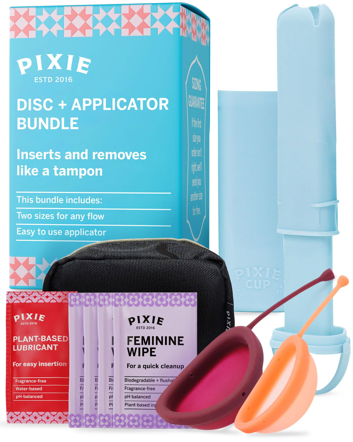 Pixie Cup disc large capacity for all-day use and leak protection.