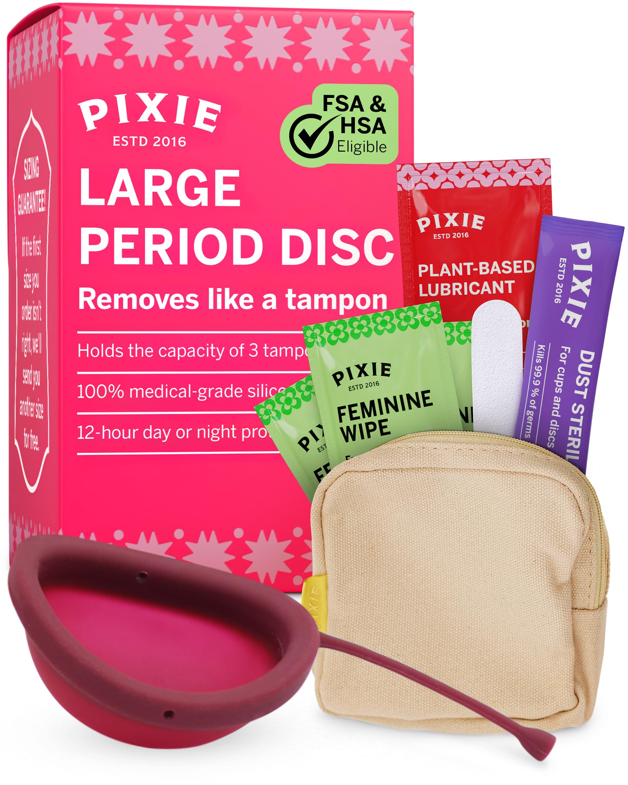 Pixie Disc packaging highlights premium silicone and easy-care use.
