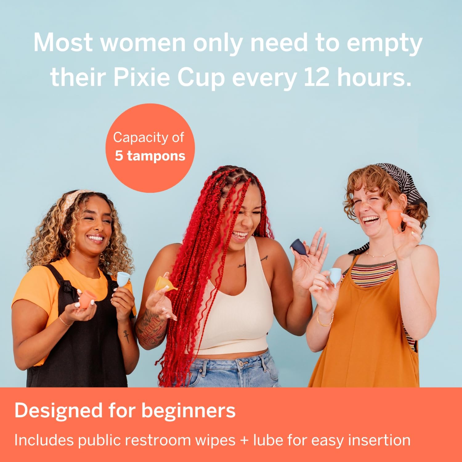 Pixie Cup packaging highlights eco-friendly, reusable period care.