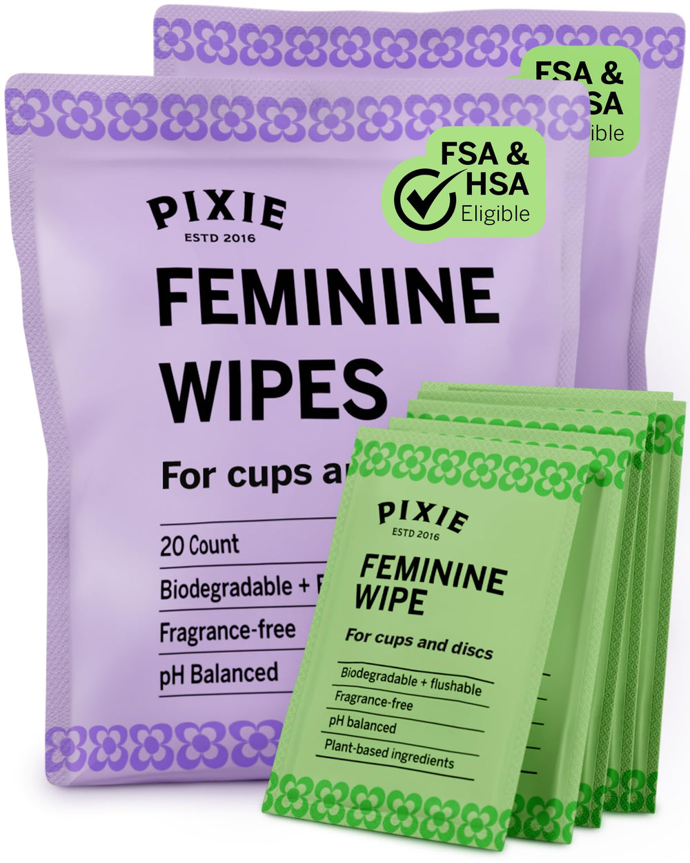 Pixie Cup Feminine Wipes packaging shown for easy storage and travel.