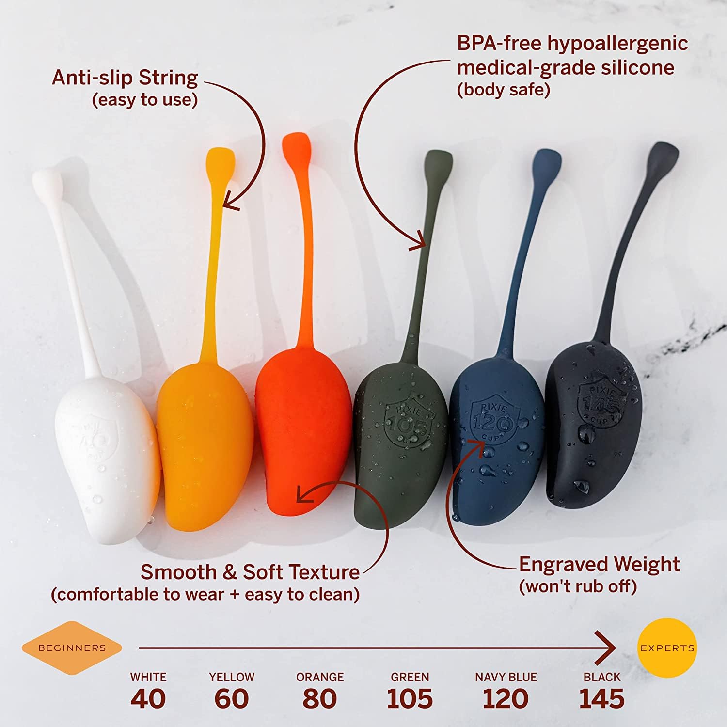 Pixie Cup medical-grade silicone emphasizes hypoallergenic material.