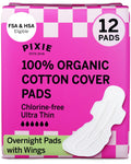 Pixie Cup Organic Cotton Overnight Pads with Wings – Extra Heavy, Unscented, Compostable (12 Count) | FSA Eligible