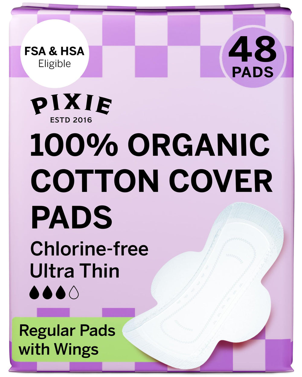 Pixie Cup organic cotton ultra-thin pads with wings in packaging for daily protection.